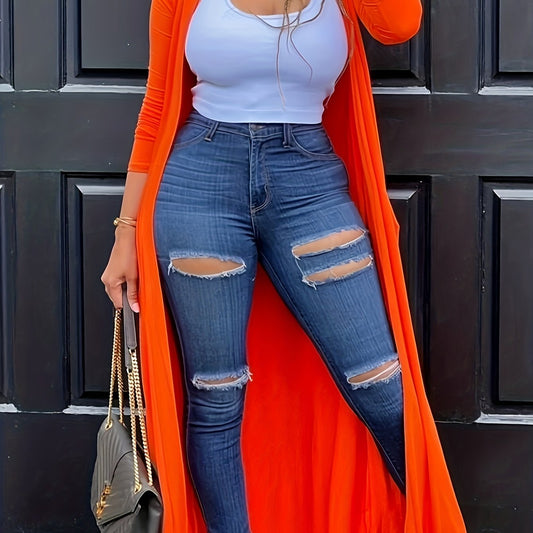  Solid Long Sleeve Open Front Maxi Cardigan