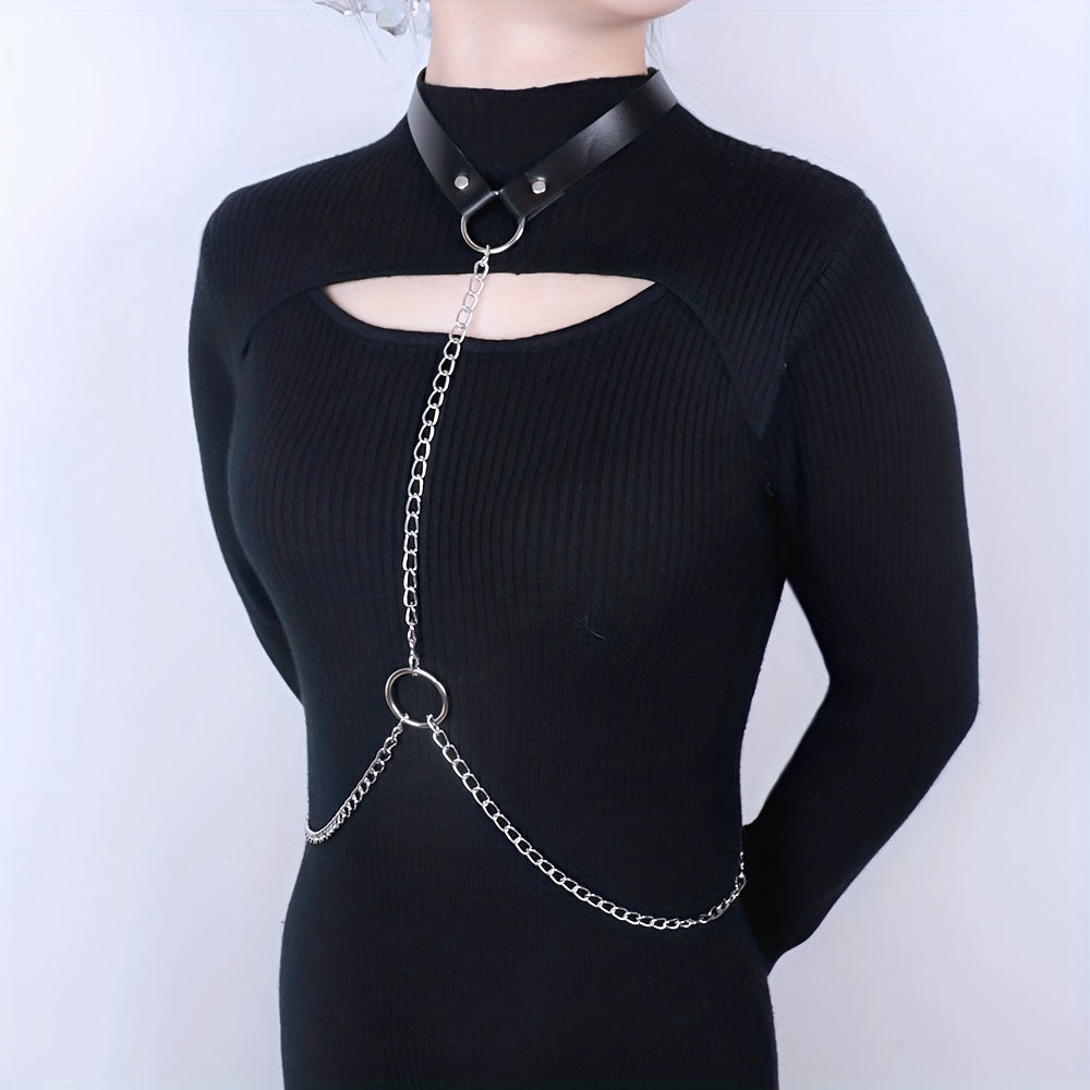 Chain Fringe Harness Punk Rivet PU Leather Waistband Neck Harness