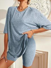 Ribbed Lounge Set Short Sleeve Top & Shorts