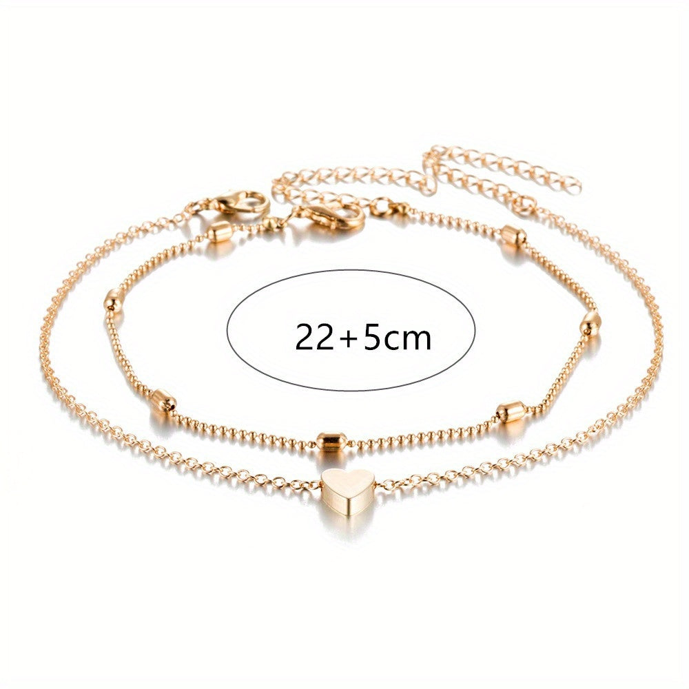 Double Layers Chain Anklet with Mini Love Heart Beads Adjustable Bracelet