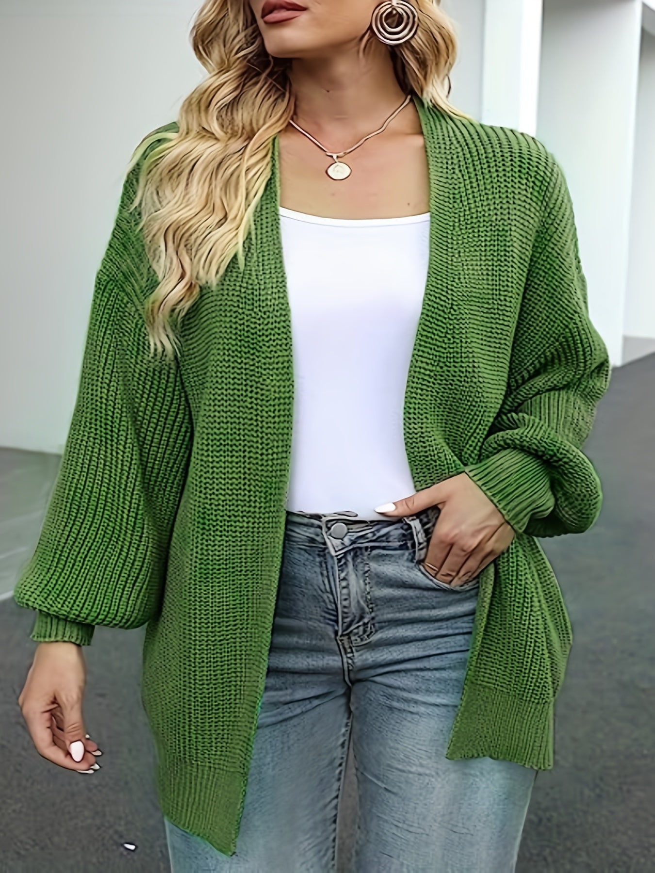  Solid Lantern Sleeve Open Front Cardigan
