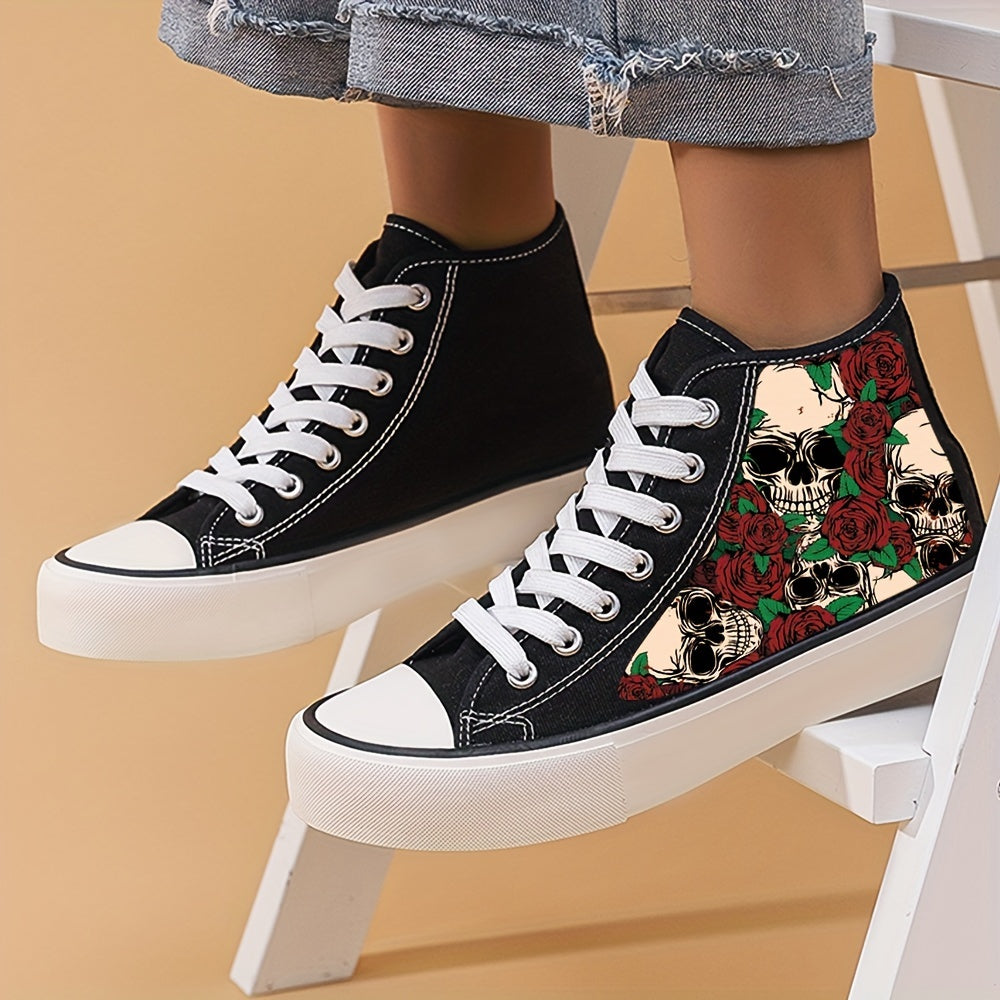 Skull & Rose Print High Top Canvas Sneakers