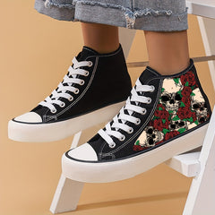 Skull & Rose Print High Top Canvas Sneakers
