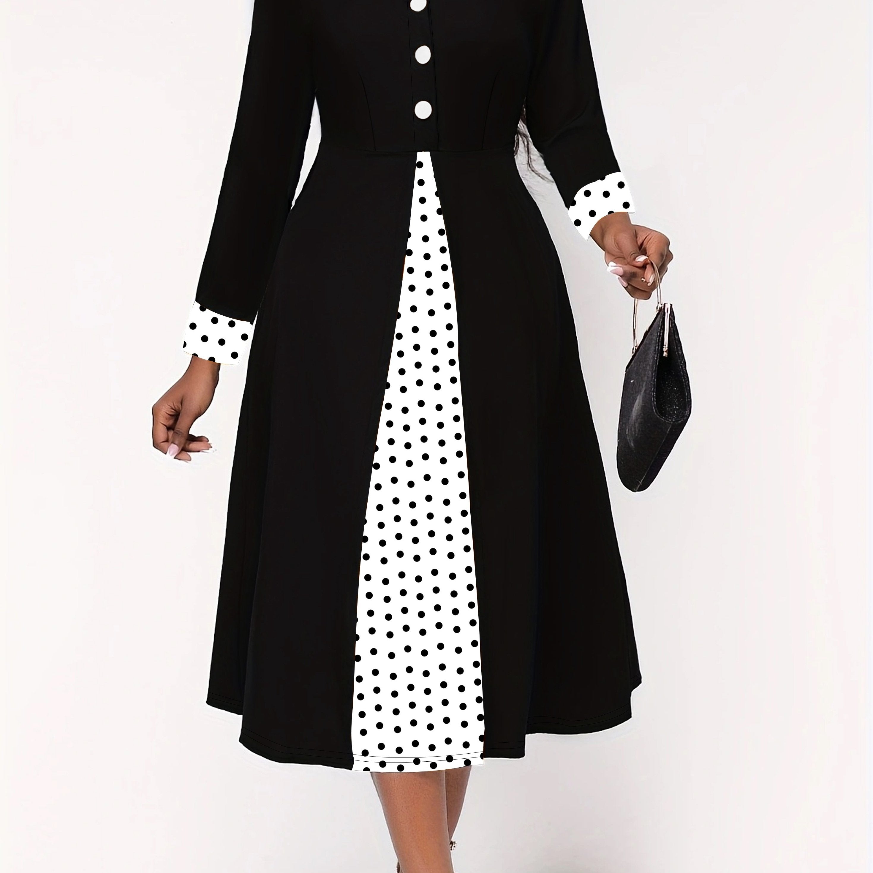  Retro Dress Colorblock Dot Print V Neck A line Midi Dress