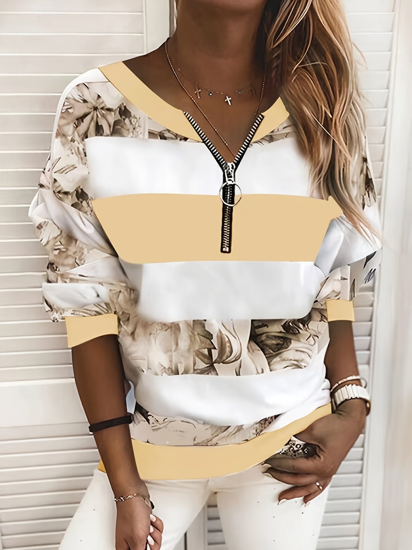 Floral Striped Zipper Sweatshirt for Fall & Winter
