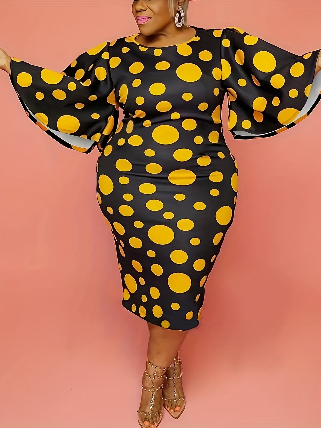 Dot Print Bat Sleeve Bodycon Maxi Dress Women's Plus Dress