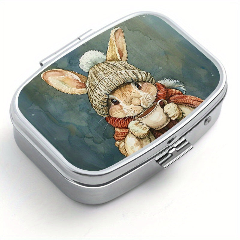 Winter Bunny 2 Compartment Pill Organizer Metal Case