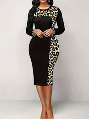  Colorblock Leopard Print Long Sleeve Round Neck Midi Dress