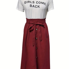 Letter Print T-shirt & Button Front Midi Skirt Set