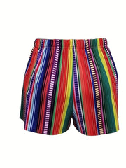  Rainbow Striped Print Medium Stretch Tie Shorts