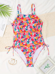  Floral Print Lace Up Side One Piece Bathing Suit