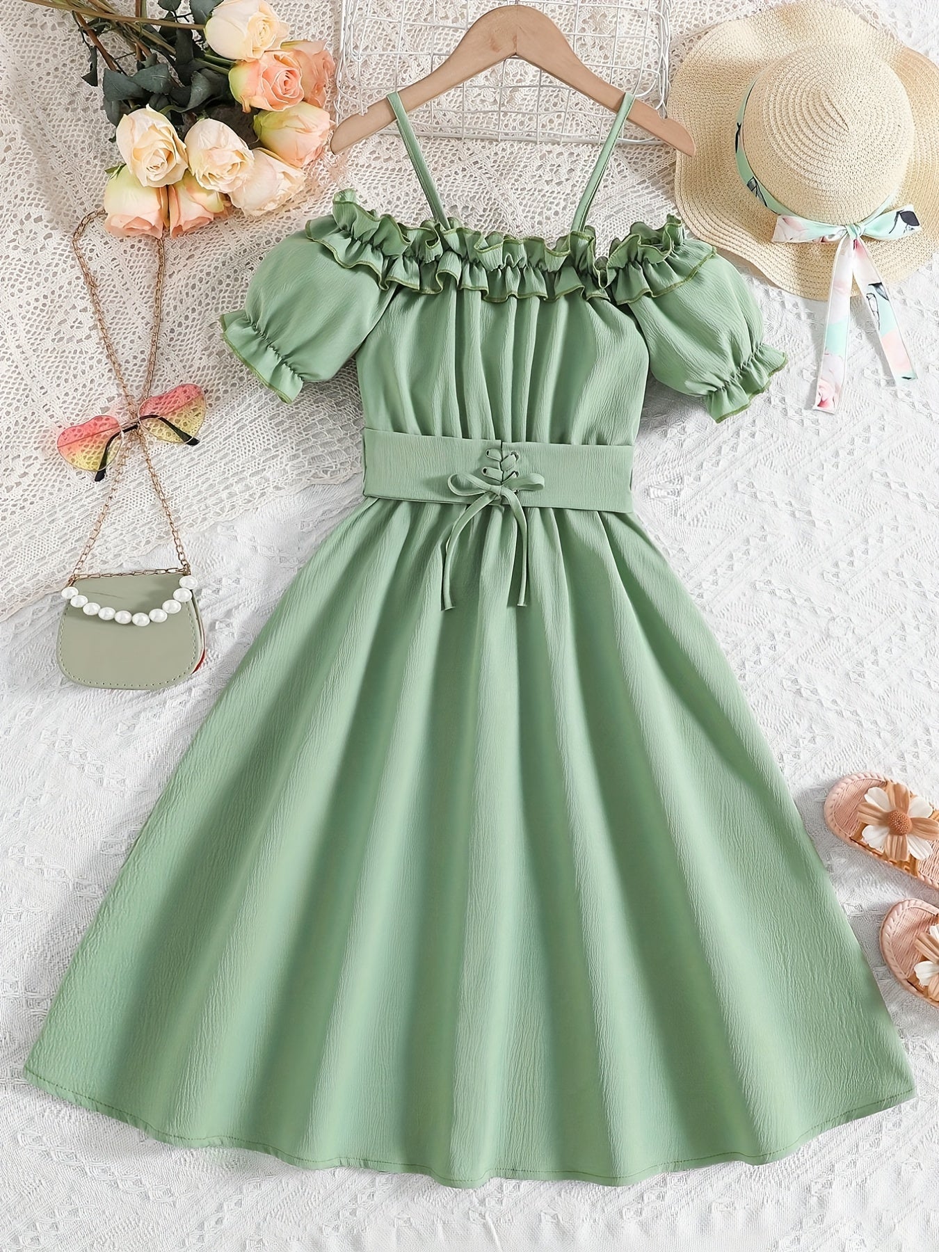 Girls Casual Solid Princess Pleated Dress Cold Shoulder Short Sleeves