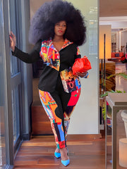  Colorblock Graphic Print Long Sleeve Top & Pants Set