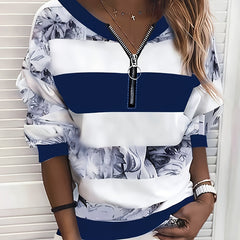 Floral Striped Zipper Sweatshirt for Fall & Winter