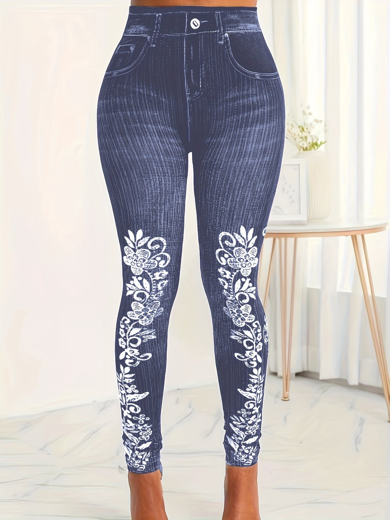  Floral Denim Print Leggings High Rise Medium Stretch