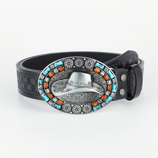 Western Cowboy Vintage Belt Embossed Leather Belt Bohemian Style Hat Buckle