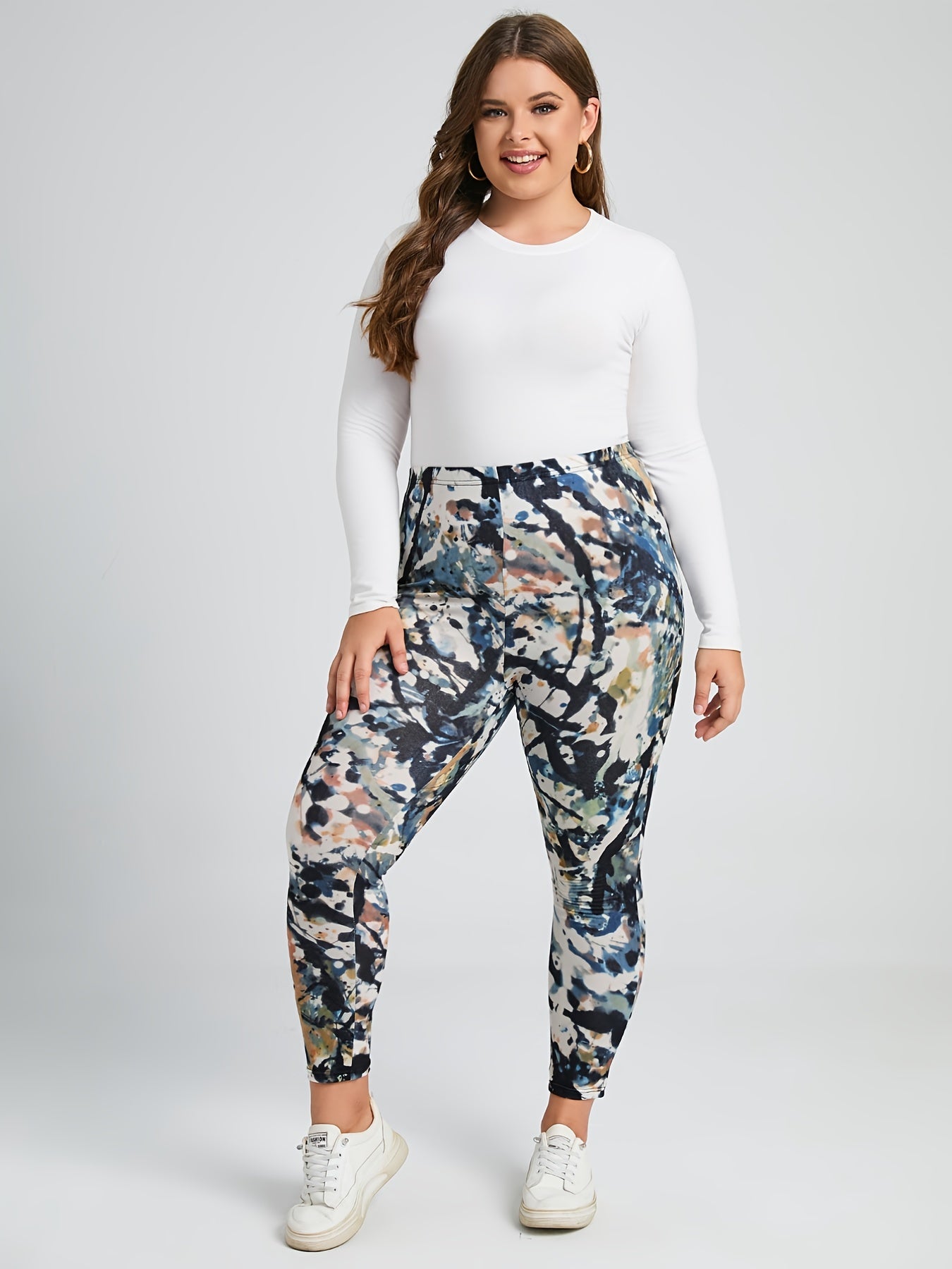  High Rise Random Print Leggings Women's Plus High Stretch Boho Skinny