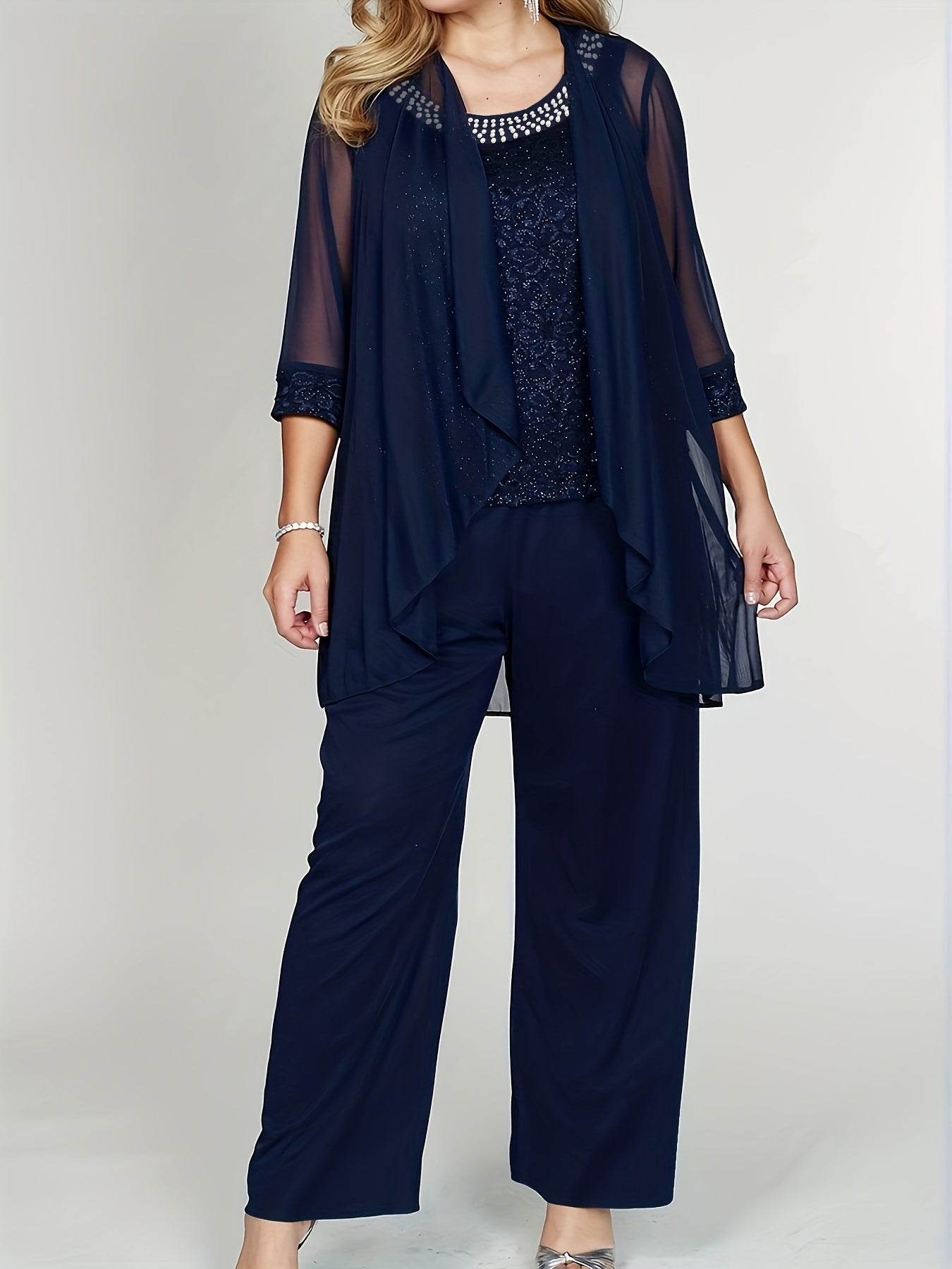 Women's Plus Sequins Tank Top & Cardigan & Pants Set
