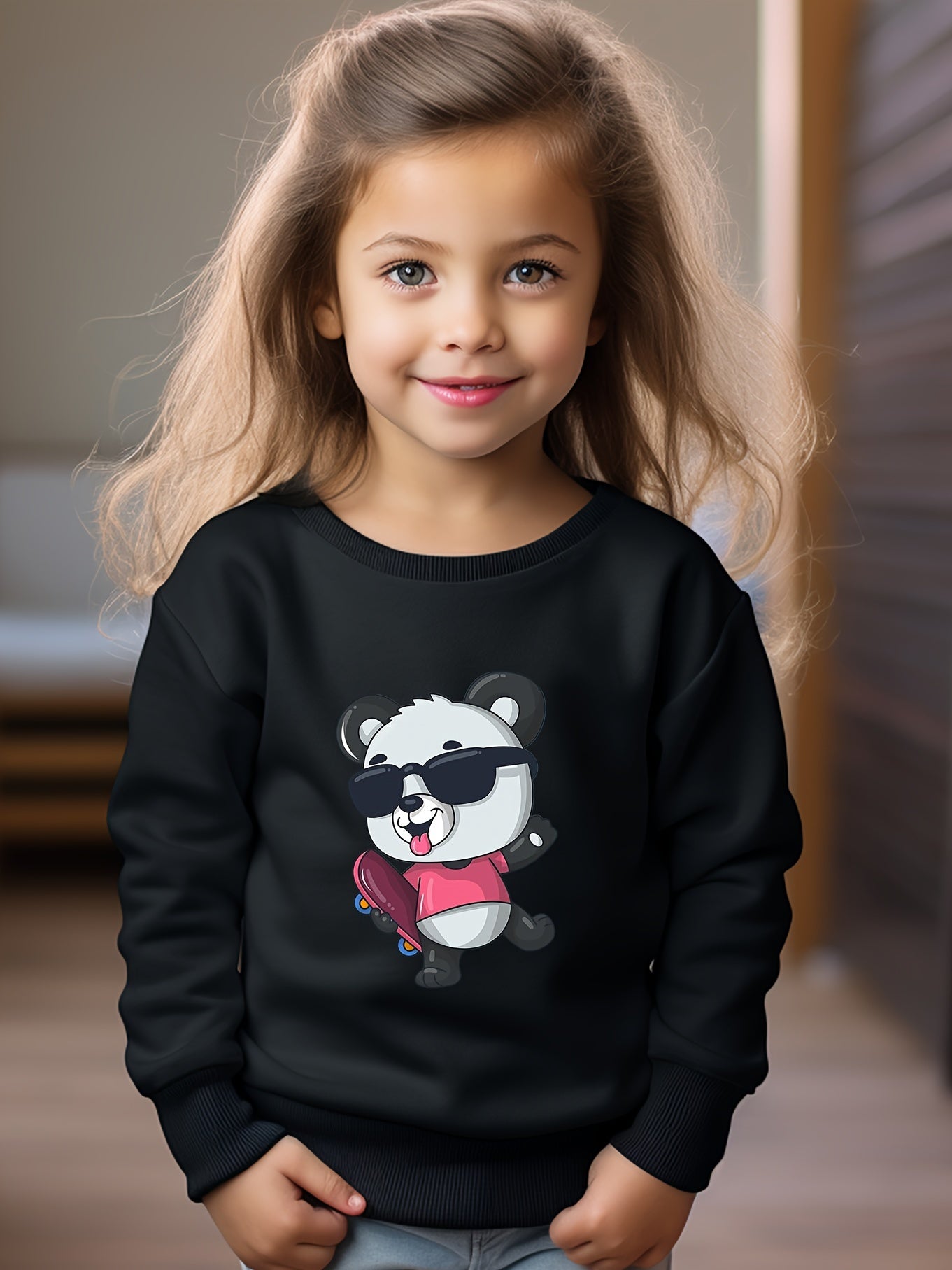 Girls Panda Pattern Crew Neck Sweatshirt For Spring Fall Christmas Gift