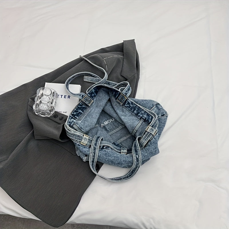 Denim Tote Bag Large Capacity Handbag Double Handle Shopping Shoulder Bag