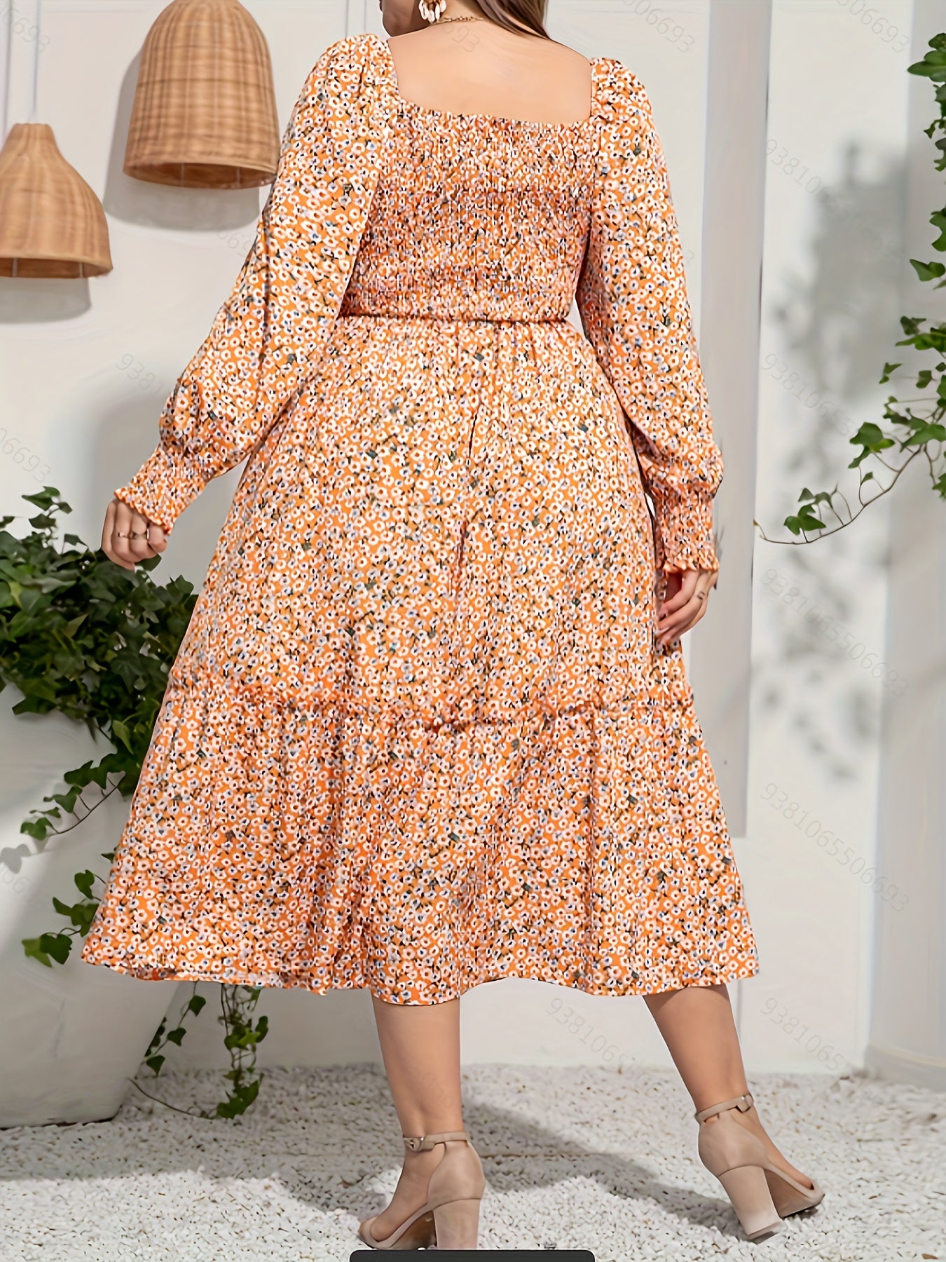  Floral Print Lantern Sleeve Midi Smock Dress