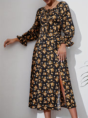 Floral Split Thigh Dress Long Sleeve Squared Neck
