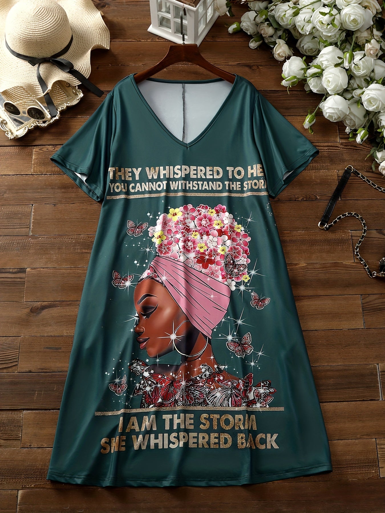  Cartoon Figure & Letter Print V Neck Tee Dress