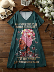  Cartoon Figure & Letter Print V Neck Tee Dress