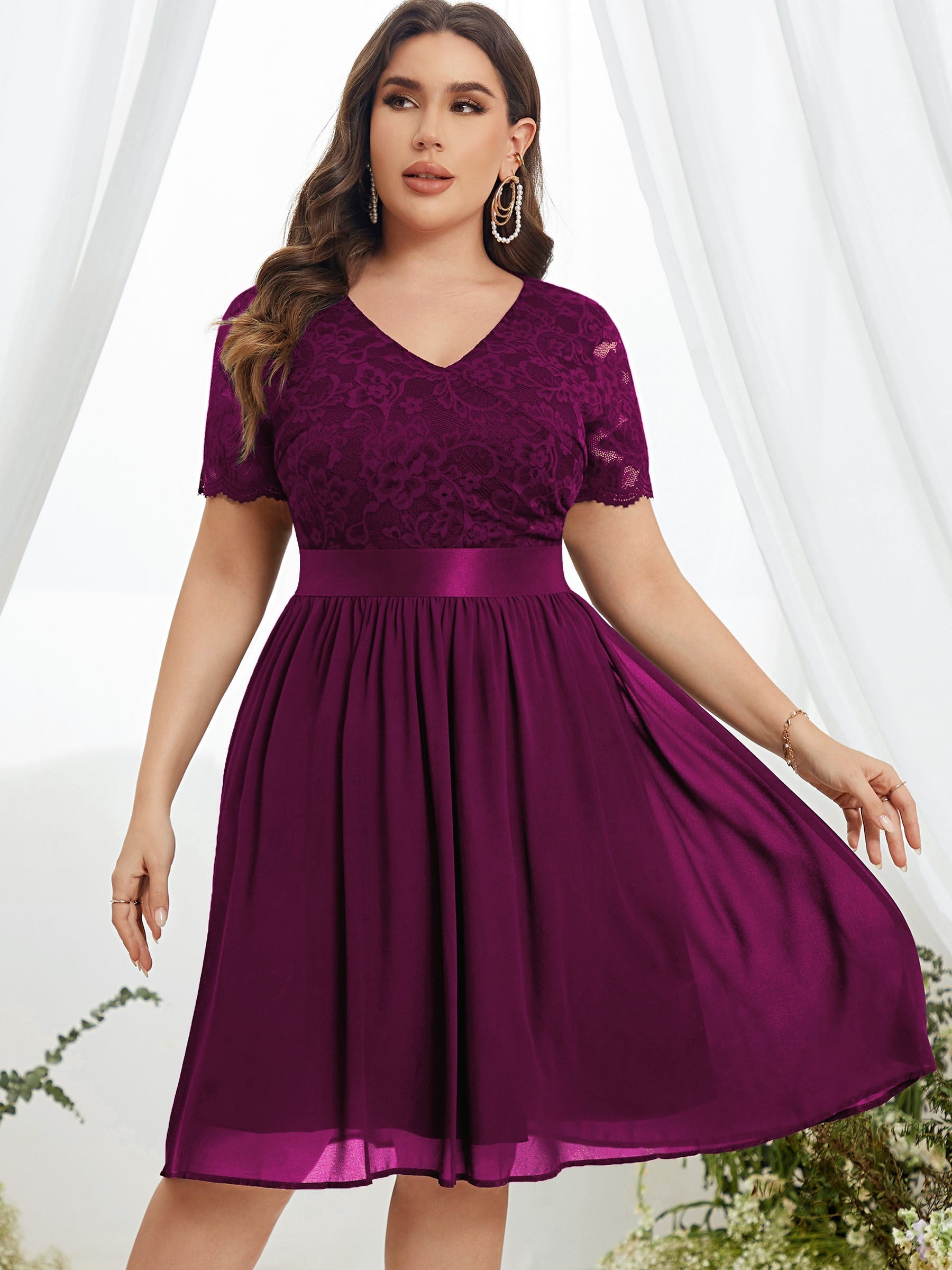  Party Dress Women's Plus Solid Contrast Lace Short Sleeve V Neck