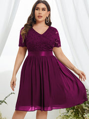  Party Dress Women's Plus Solid Contrast Lace Short Sleeve V Neck