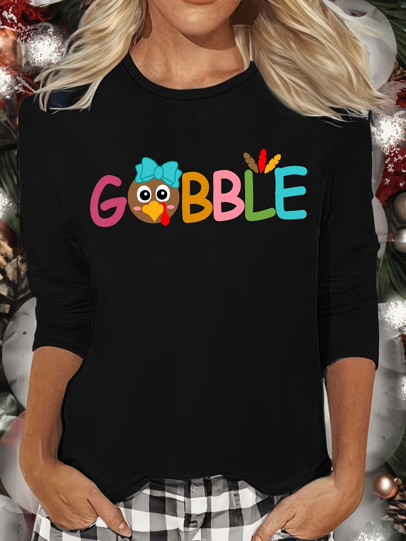 Thanksgiving Print Lounge Top Long Sleeve Crew Neck Women's Loungewear