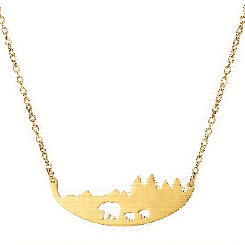 Hollowed Out Three Bear Necklace Stainless Steel Mother Bear Jewelry