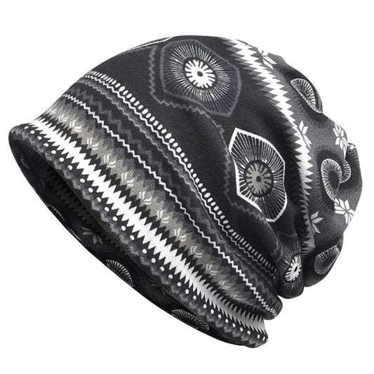 Boho Vintage Print Beanie Cap Elastic Skull Lightweight Warm Headwear