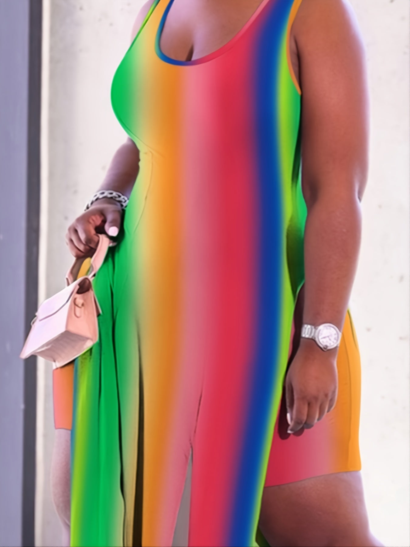  Rainbow Tie Dye Split Cami Maxi Dress Women's Plus