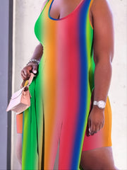  Rainbow Tie Dye Split Cami Maxi Dress Women's Plus