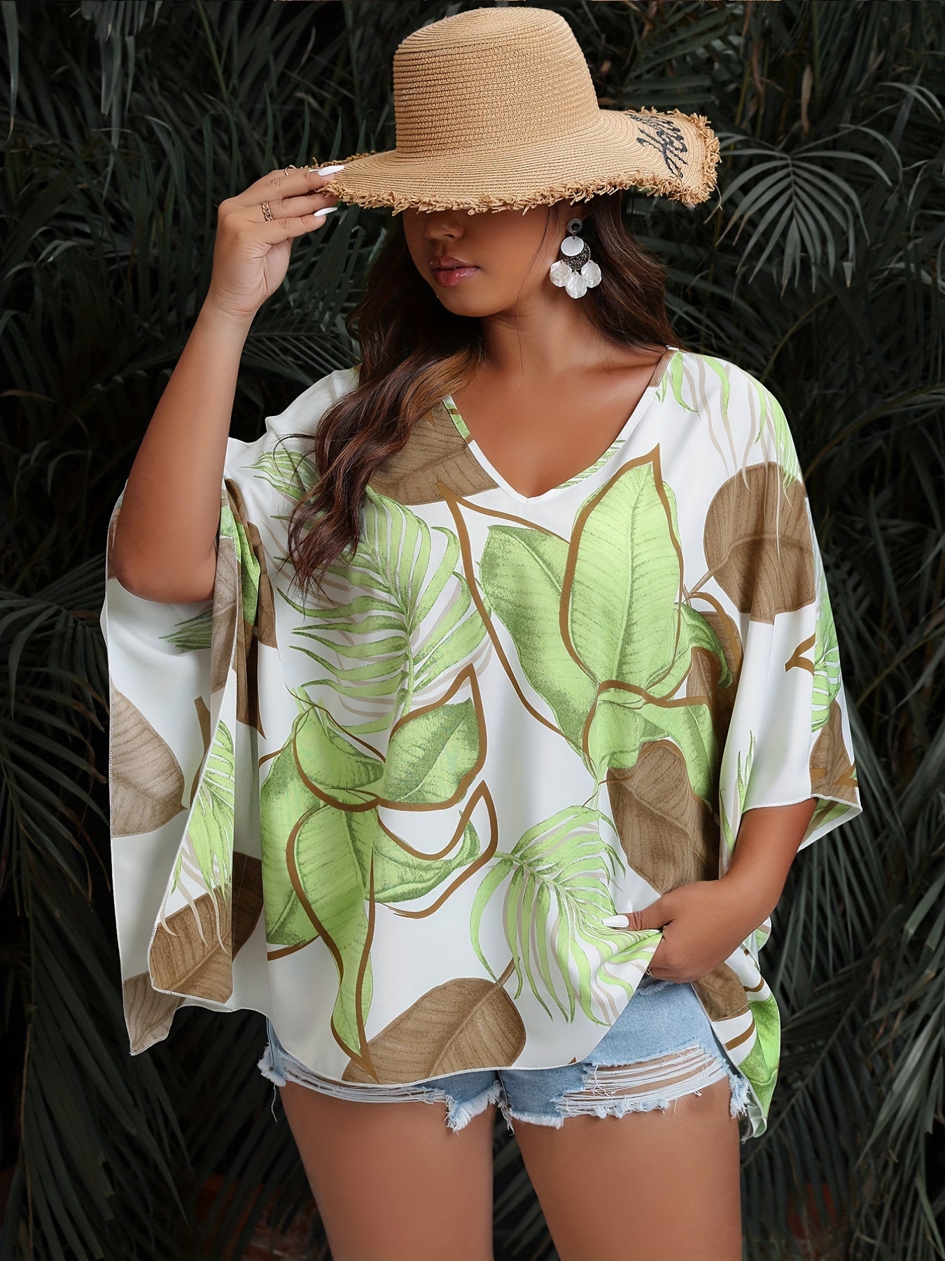  Leaf Print Bat Sleeve V Neck Top
