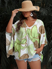  Leaf Print Bat Sleeve V Neck Top