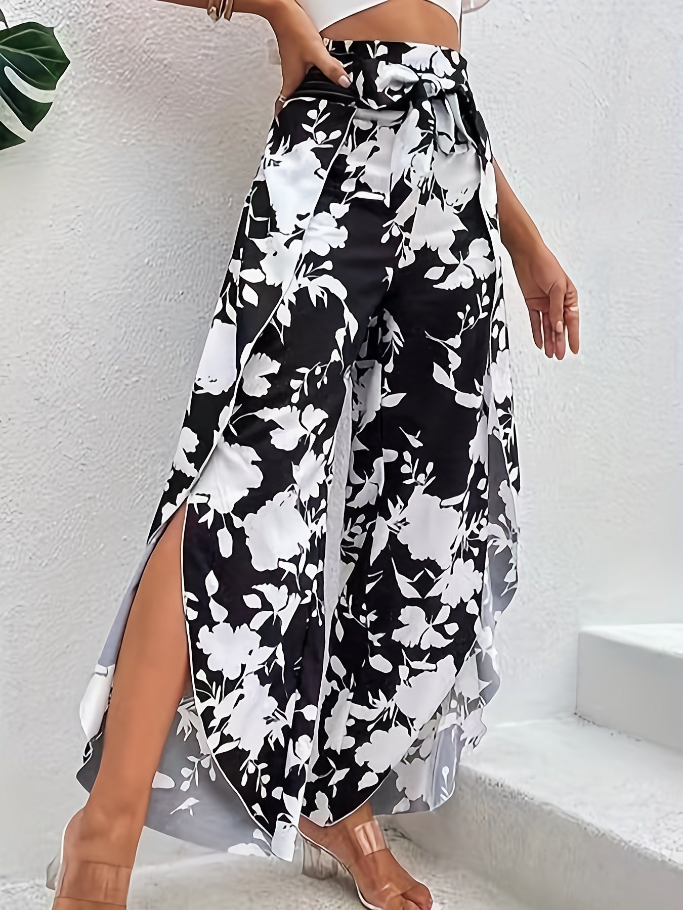  Floral Print Tie Front High Rise Wide Leg Pants