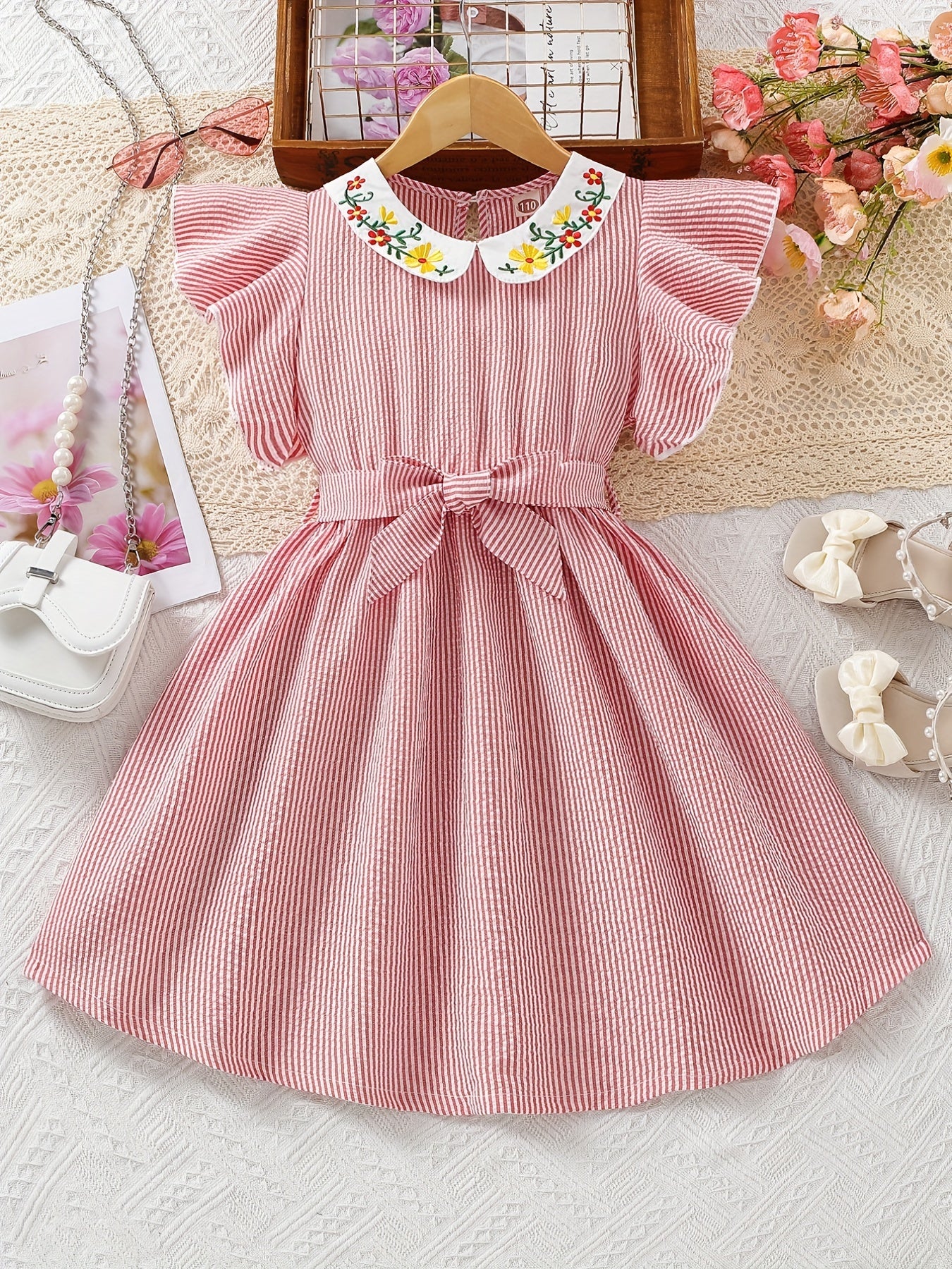 Striped Flounce Sleeve Casual Tunic Dress for Youth Girls