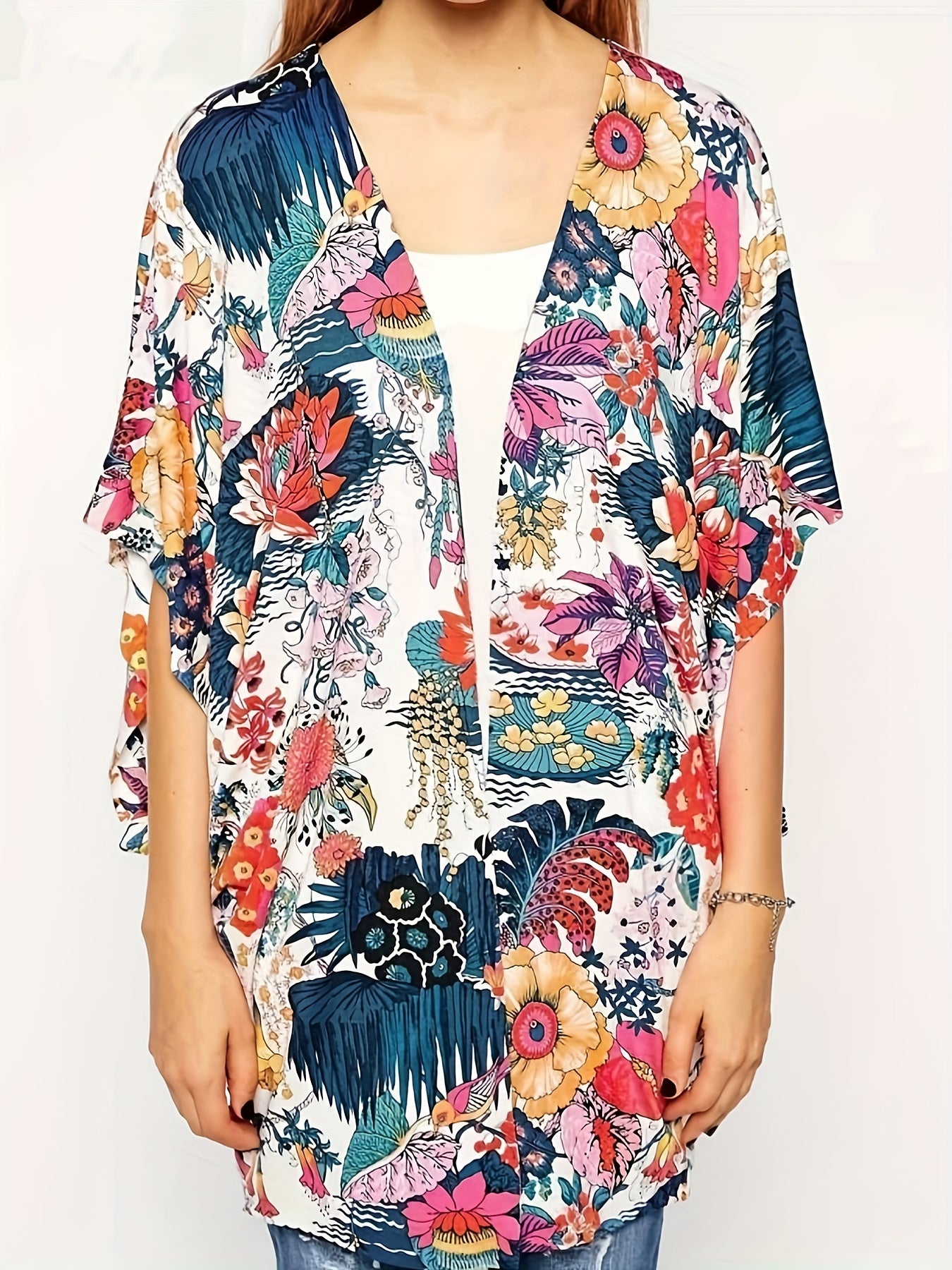 Floral Print Chiffon Kimono Cover Up Soft Loose Beach Cover Up Top