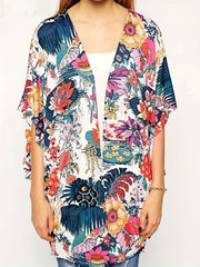 Floral Print Chiffon Kimono Cover Up Soft Loose Beach Cover Up Top