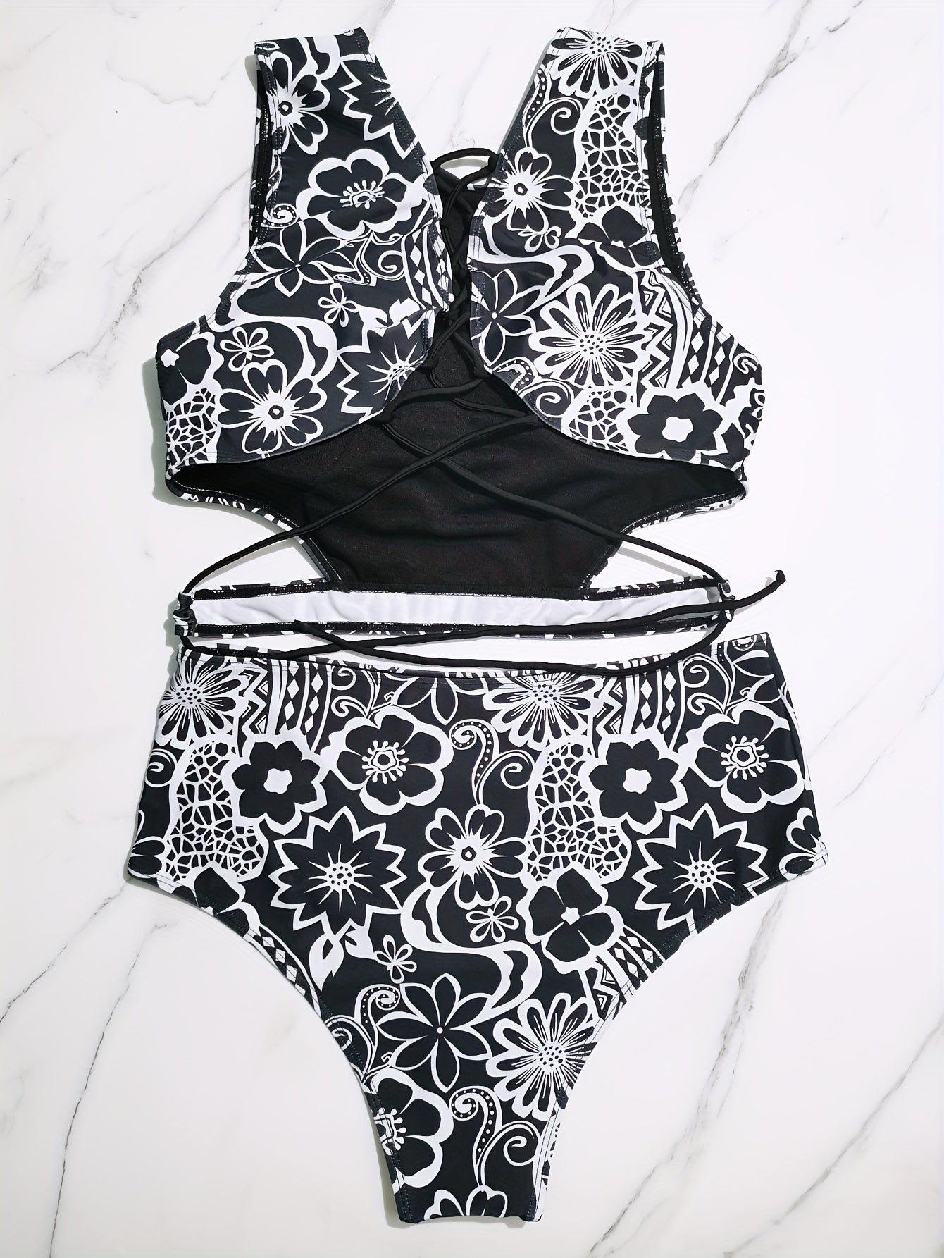  Floral Print Lace Up Back Tankini Set