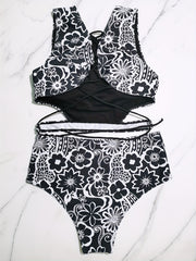  Floral Print Lace Up Back Tankini Set