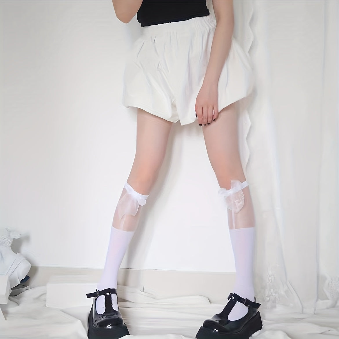 2 Pairs Bow Mesh Stitching Calf Socks Knee High Women's Stockings