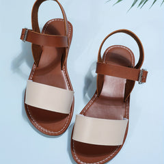 Women's Ankle Strap Flat Sandals Open Toe Faux Leather Casual Beach Shoes