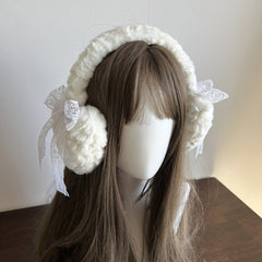 Japanese Style Winter Ear Muffs Fluffy Bow & Lace Trim Ear Warmers