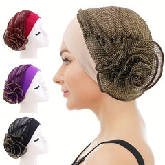 Ruffles Flower Glitter Turban Cap Solid Bonnet Head Wrap Head Scarf
