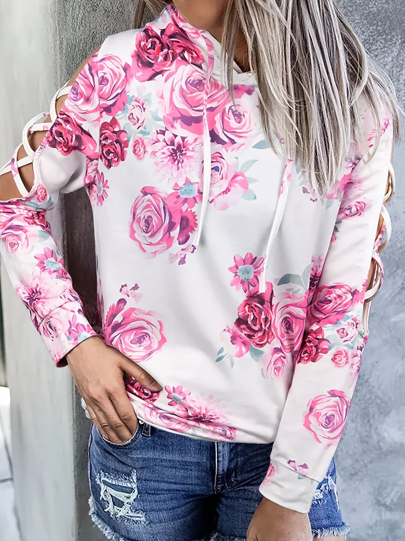 Floral Print Drawstring Hoodie Casual Cutout Long Sleeve Hoodie Sweatshirt