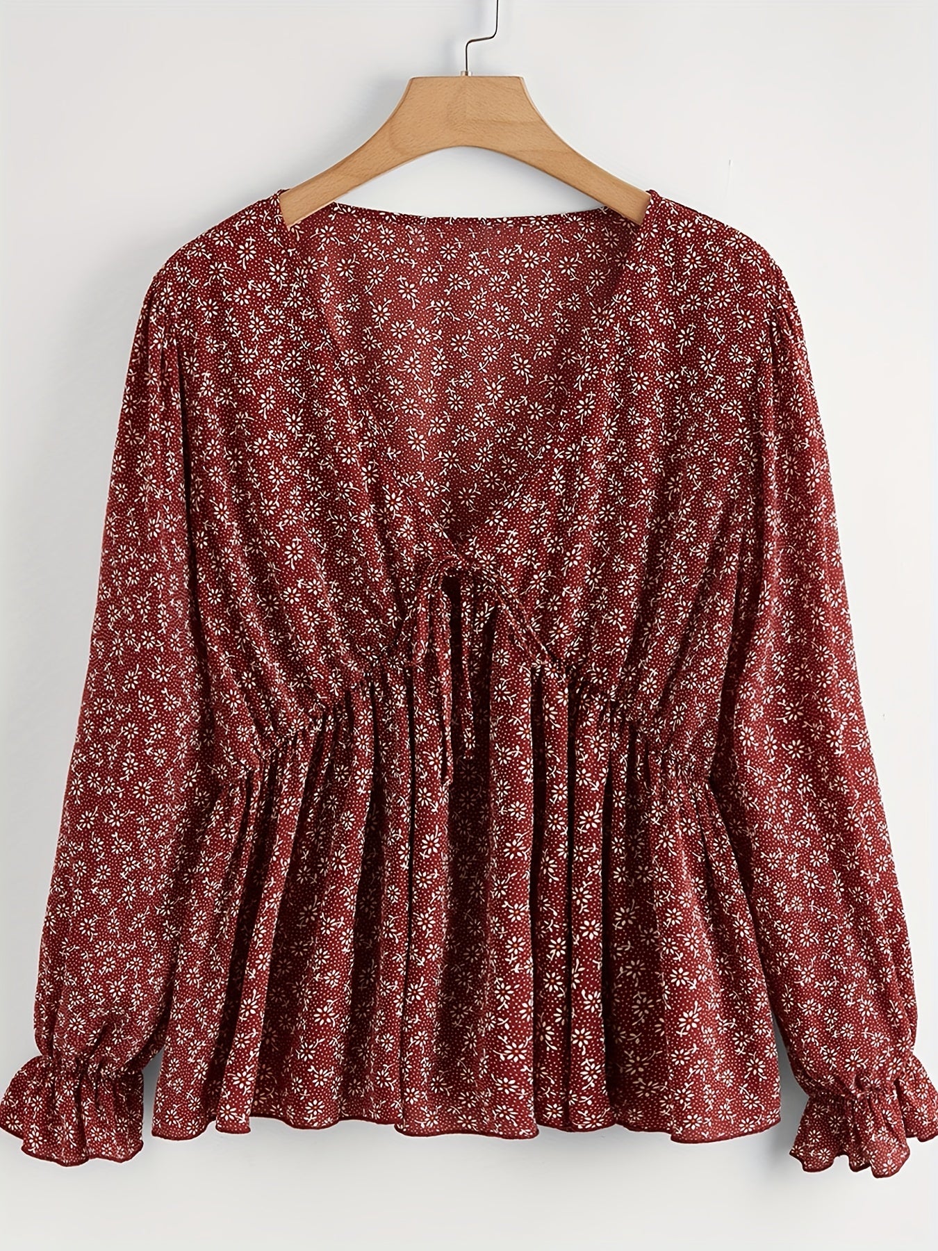  Boho Blouse Women's Floral Print Tie Front V Neck Peplum Top