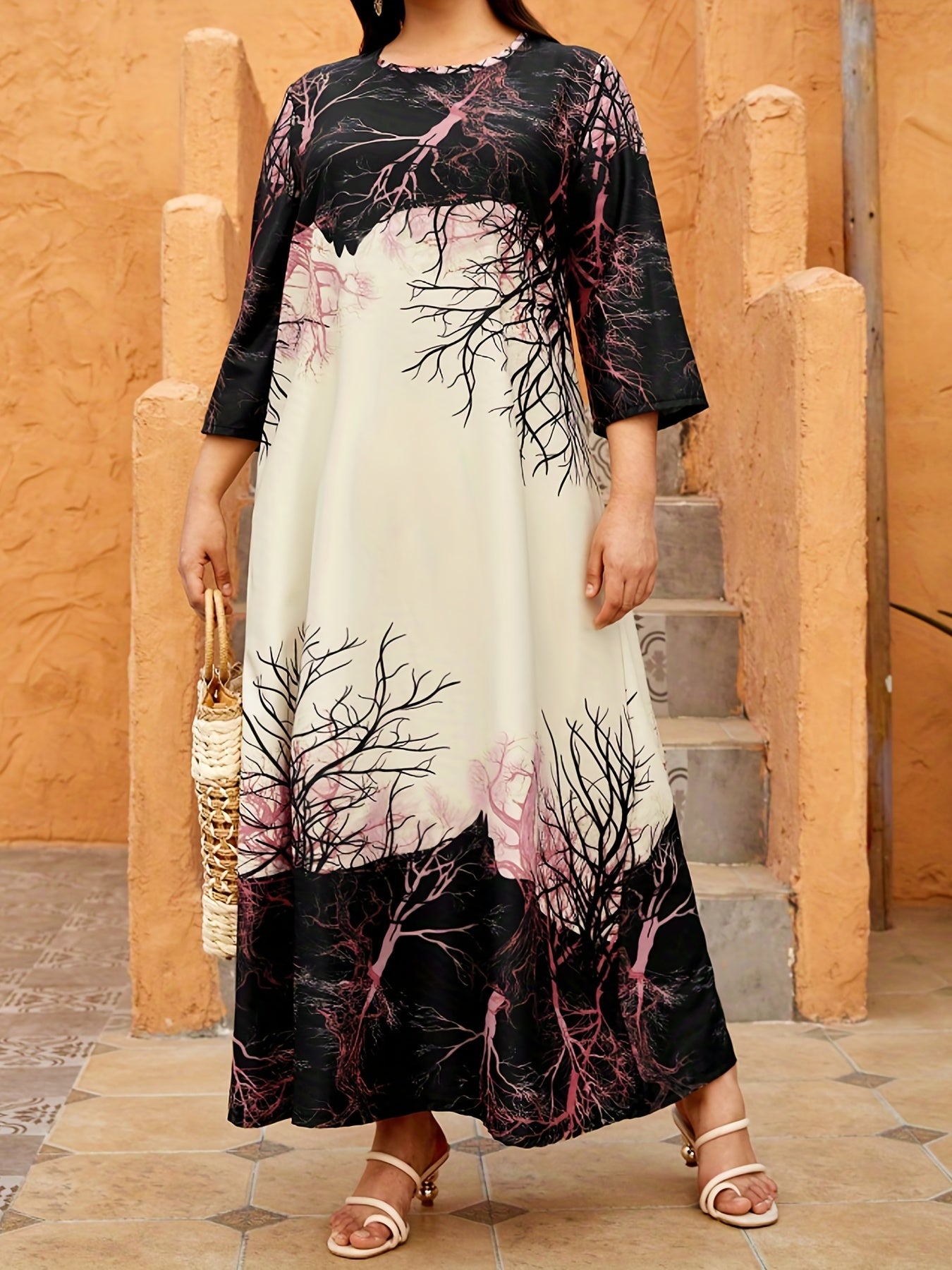  Colorblock Branch Print Maxi Dress
